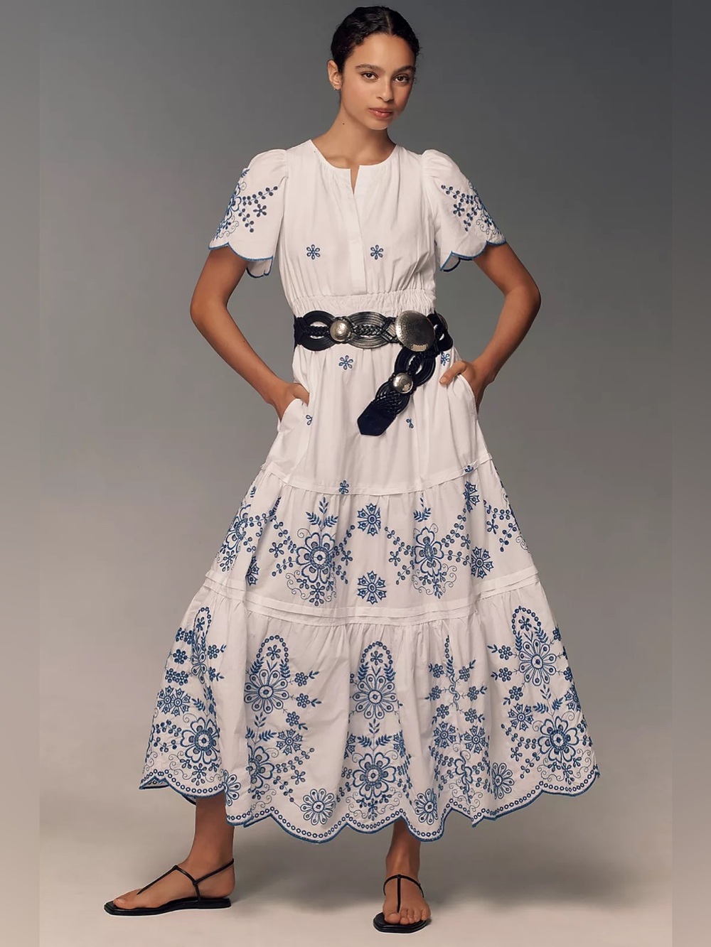 Anthropologie Somerset maxi dress White and blue embroidery eyelet size medium